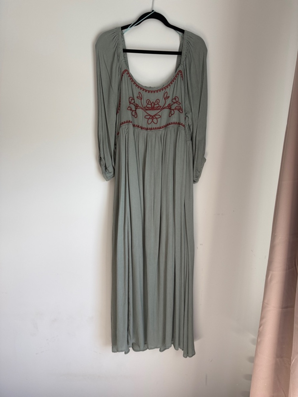 Sage Green Embroidered Maxi Dress with Red Accents